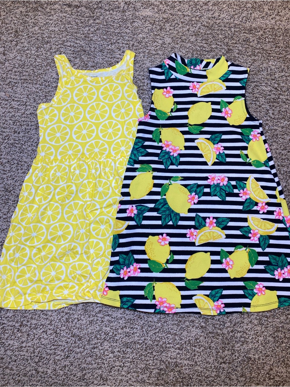 Yellow Lemon & Black-White Striped Lemon Print Tank Dresses